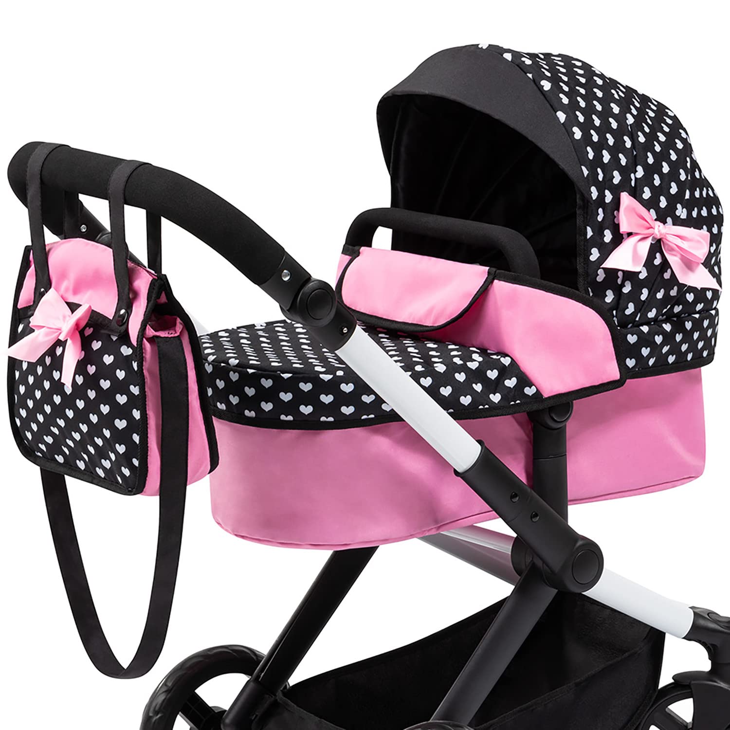 Bayer Design Dolls: Pram Xeo: Hearts Black & Pink - Matching Handbag, Adjustable Handle, for Dolls Up to 20