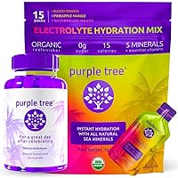 purple tree Post-Celebration Relief + Hydration Electrolyte Packets | Organic Rehydration, Happy Liver | 30ct Bottle + 15 Hydration Sticks for Water