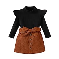 VISGOGO Baby Girl Clothes Set Solid Color Ribbed Long Sleeve Ruffled Tops + Corduroy Mini Skirt with Belt