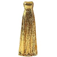 Women's Sexy Dress Gold Sequined Strapless Chiffon Evening Formal Party Dress