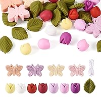 32Pcs Flower Silicone Focal Beads for Pens Cute 3D Tulip Butterfly Leaf Spacer Beads Spring Theme Flower Rubber Beads with Nylon Thread for DIY Bracelets Keychain Jewelry Making