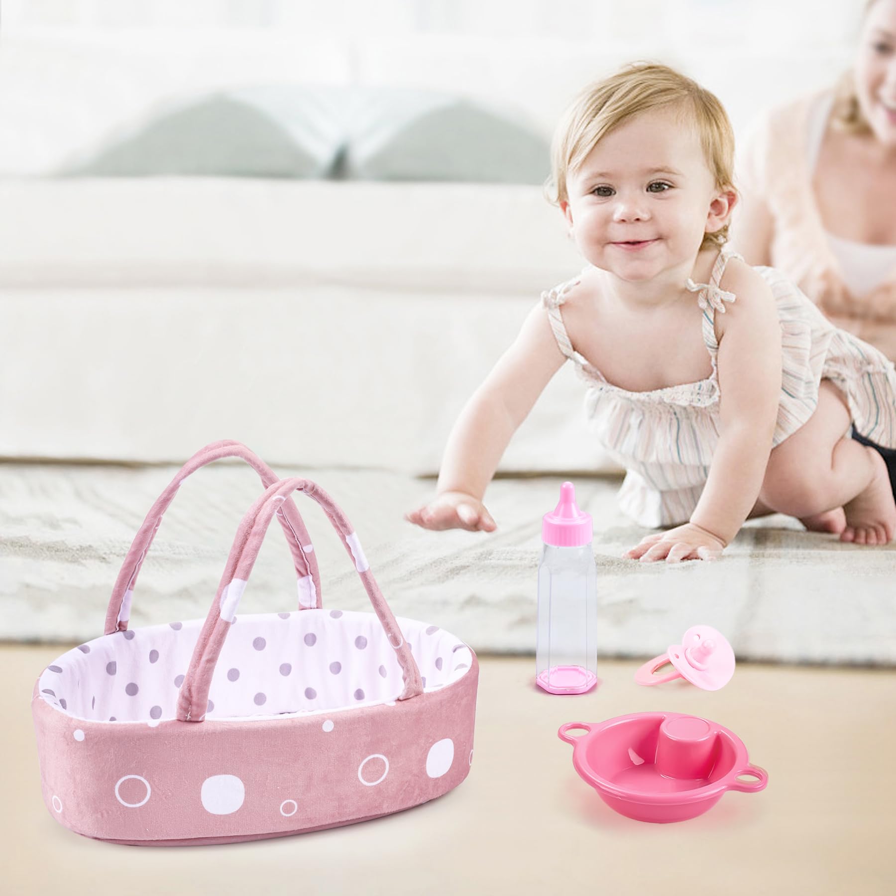 Enjoyin 8 Pcs Baby Doll Accessories Set Includes Feeding Bottle, Pacifier, Blanket, Pillow, Tablewares and Bassinet Carrier for 9'' to 12'' Dolls