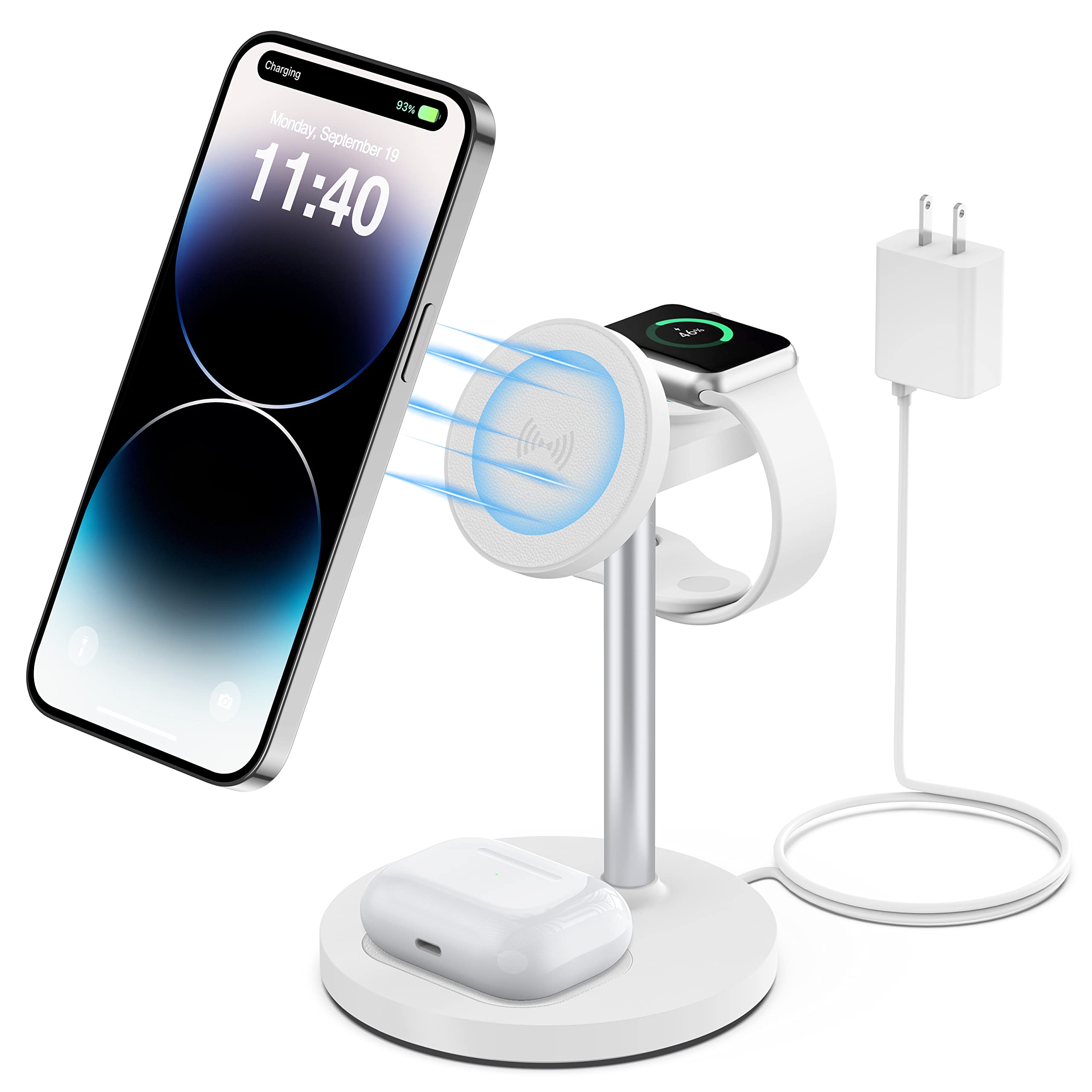 FutureCharger 3 in 1 Magnetic Wireless Charging Station for Multiple Apple Devices, Wireless Charger Stand with Adjustable [Compatible with MagSafe] for iPhone 14/13/12, Airpods & iWatch Series-White