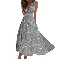 Maxi Dresses for Women 2024, Womens Dresses Casual Womens Formal Dress Swing Dress Ladies V Neck Outdoor Sleeveless Weekend Maxi Dress Womens Boho Waist Retraction Printed 2024 (Gray,Medium)