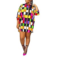 Women's Summer Autumn Casual Oversized Deep V-Neck Long Sleeve Colorful Plaids Loose Button Down Basic Polo Shirts Irregular Party Club Dress M