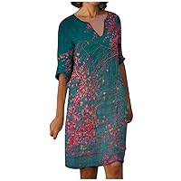 Women's Casual Dress Retro Printed V Neck Half Sleeve Knee Length Midi Dress Shirt Dress(8-Pink,10) 1465