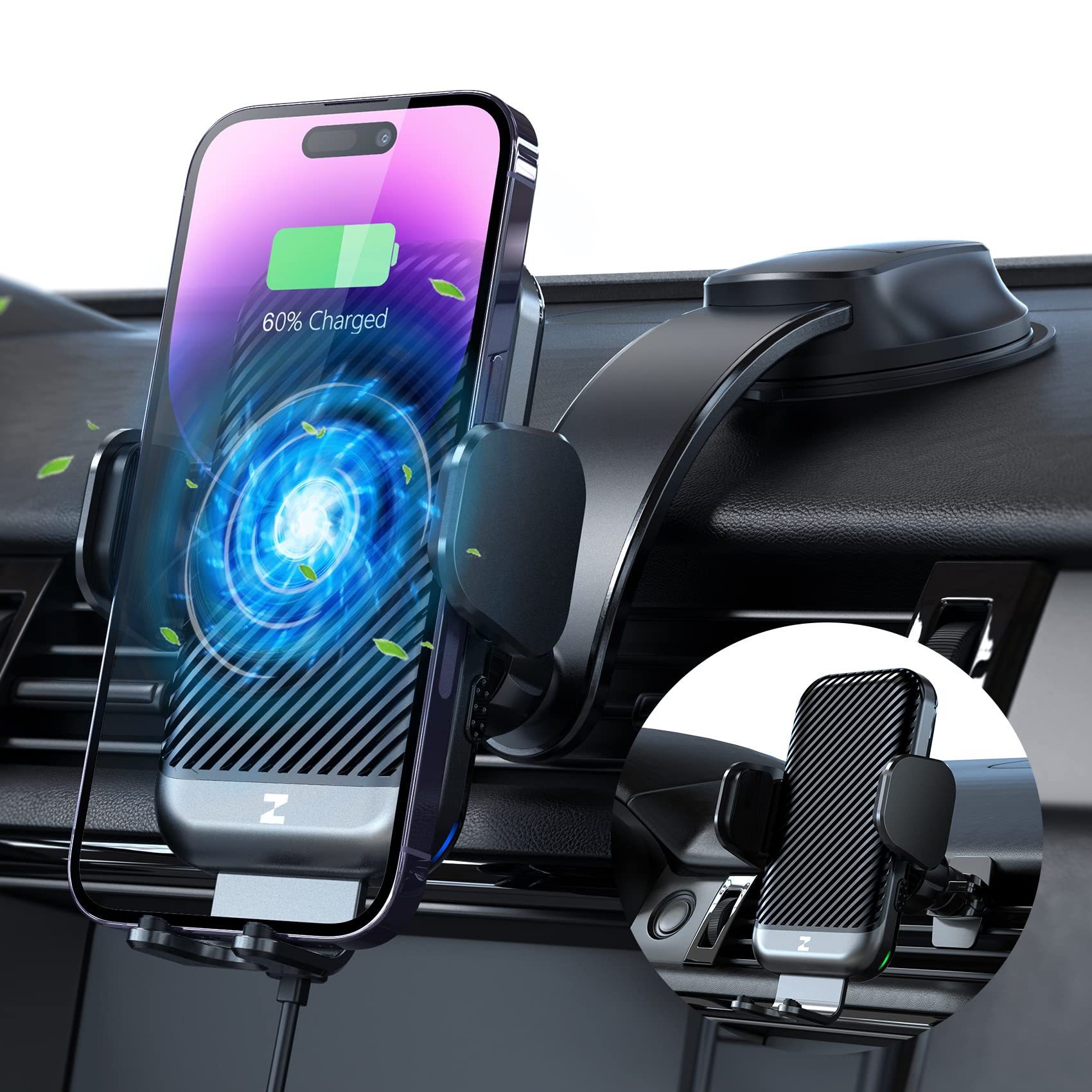 [Cooling Version] ZeeHoo 15W Fast Wireless Car Charger, Auto-Clamping Car Mount, Windshield Dash Air Vent Phone Holder Cooling Charging for iPhone 14 13 12 Pro Max Mini, Samsung S22,etc