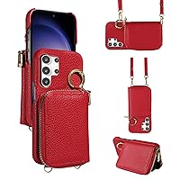 Wallet Case for Samsung Galaxy S24 Ultra 5G with Shoulder Strap Ring Buckle, Luxury PU Leather Zipper Flip Organ Purse, Card Holder Stand Cell Phone Cover for S24Ultra 24S S 24 24Ultra Red