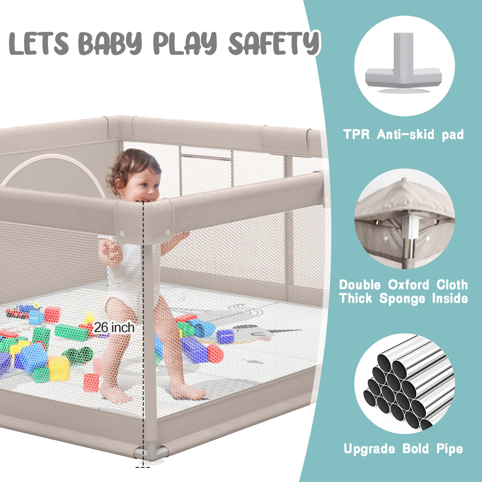 ZEEBABA Baby Playpen with Mat, 47x47inch Playpen, Playpen for Babies and Toddlers, Small Baby Play Pens, Large Playpen for Toddler, Play Yard for Infants with 47