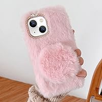for iPhone 13 Plush Case with Detachable Makeup Mirror Warm Plush Cute Case for Girls Women Fluffy Furry Back Cover Luxury Glitter Crystal Rhinestone Winter Cover for iPhone 13 Pink