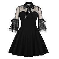 Women's Keyhole Mesh Bell Long Sleeves Gothic Cocktail Vintage Dress