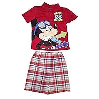 Disney Mickey Mouse Boy Polo Plaid Short Outfit - Red White Blue