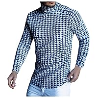 Mens Long Sleeve Basic Design Turtleneck Plaid Tops Slim Fit Houndstooth Printed Pullover Sweaters Big & Tall Tops
