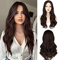 MORICA Long Dark Brown Wavy Wig 26 Inch Long Curly Wavy Dark Brown Wigs Middle Part Synthetic Wig Natural Looking Perfect Wig Fluffy for Women Daily Party