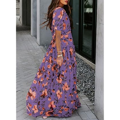 BLENCOT Women's Casual Boho Floral Printed Deep V Neck Dress