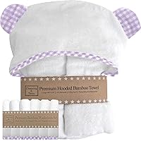 Premium Hooded Baby Towel + (6 Piece) Washcloth Gift Bundle - Organic Viscose Made from Bamboo Baby Towels - (Purple Gingham Bundle)