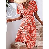 Dresses for Women - Allover Print Butterfly Sleeve Knot Side Wrap Dress (Color : Multicolor, Size : Medium)