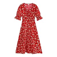2023 Women's Boho Puff Sleeve Floral Dress Slit A Line Flared Midi Dress