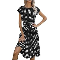 2021 Women Fashion Dot Print Short Sleeve V-Neck Casual Sundress Dress(D)