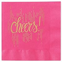 Bubbly Cheers Cocktail Napkins / 25 Hot Pink 3 Ply Paper Coined Beverage Napkins With Gold Foil/Folded 4 3/4