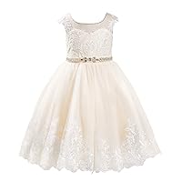 PLUVIOPHILY V Back Lace Tulle Wedding Flower Girl Dress Kids Party Dress with Beaded Belt