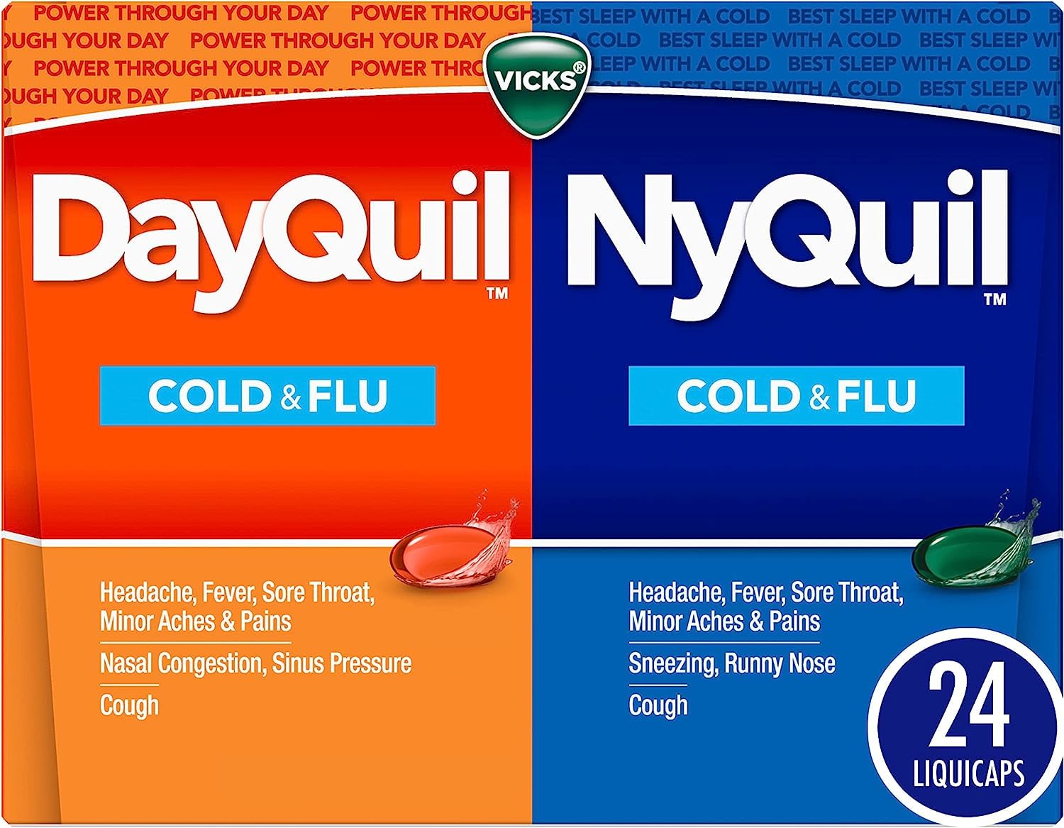 Vicks DayQuil and NyQuil Combo Pack, Cold & Flu Medicine, Powerful Multi-Symptom Daytime And Nighttime Relief For Headache, Fever, Sore Throat, Cough, 24 Count, 16 DayQuil, 8 NyQuil Liquicaps