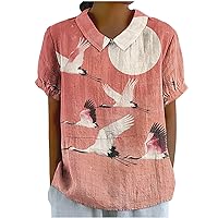 Cute Cotton Linen Shirts Women Peter Pan Collar Keyhole Back Tee Tops Summer Short Sleeve Casual Loose Fit Blouses