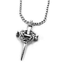 Nail Cross Crown of Thorns Pewter Antique Silver Metal Finish Penand Curb Chain Necklace