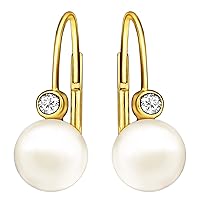 CLEVER SCHMUCK Golden Women's Earrings 16 mm with Freshwater Cultured Pearl White Diameter 6.5 mm and 1 Zirconia Diameter 2 mm 333 Gold 8 Carat in Case Sand, Yellow Gold, Cubic Zirconia