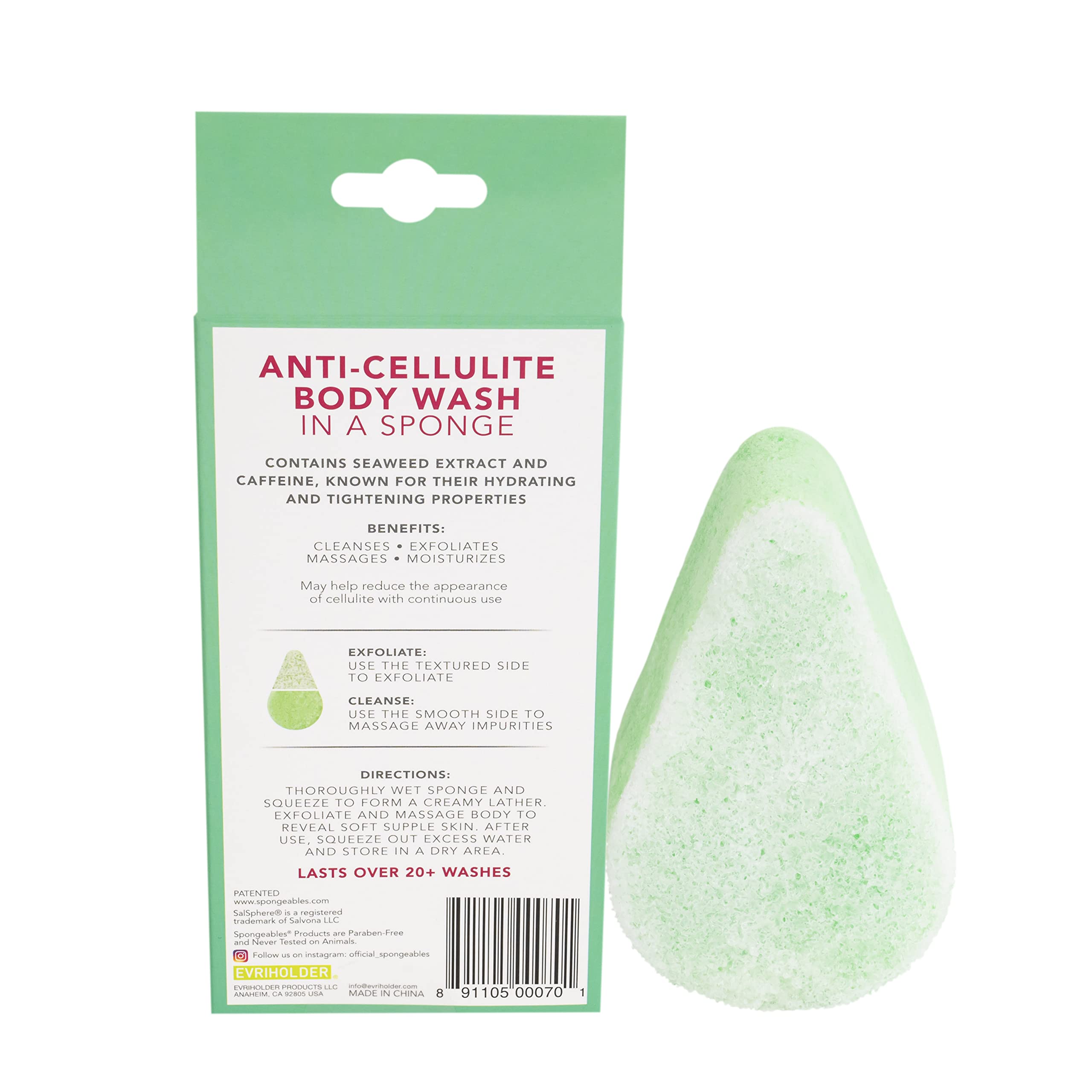 Spongeables Anti-Cellulite Body Wash in a Sponge, Scent, Spa Cellulite Massager, Moisturizer and Exfoliator, 20+ Washes, 4oz