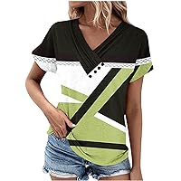 Women's Plus Size Tunic Tops Button Henley Casual T Shirts V Neck Geometry Printed Summer Short Sleeve Blouses