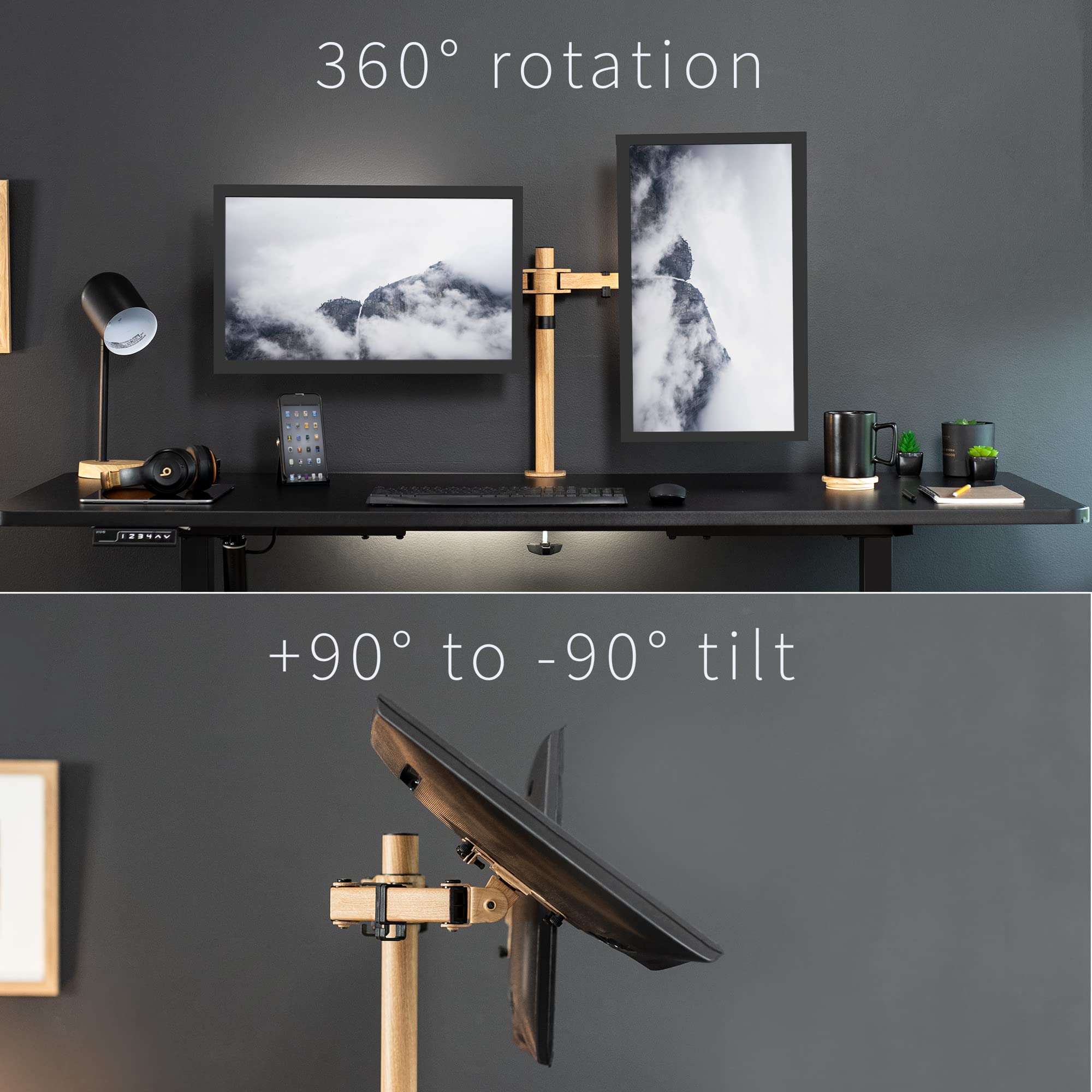 VIVO Dual Monitor Desk Mount, Heavy Duty Fully Adjustable Steel Stand, Holds 2 Computer Screens up to 30 inches and Max 22lbs Each, Light Wood Color, STAND-V002-WD