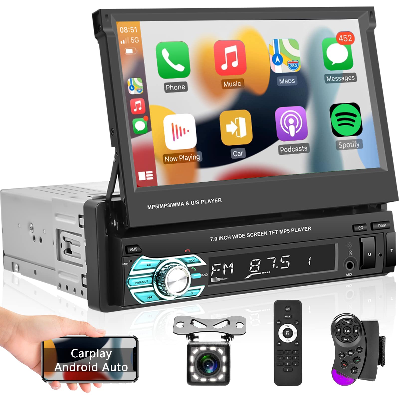 Mua Podofo Single Din Touchscreen Car Stereo with Apple Carplay and Android  Auto 7 Inch Bluetooth Maunal Flip Out Head Unit with Mirror Link for  Android/iOS FM Radio USB TF SWC AUX-in +