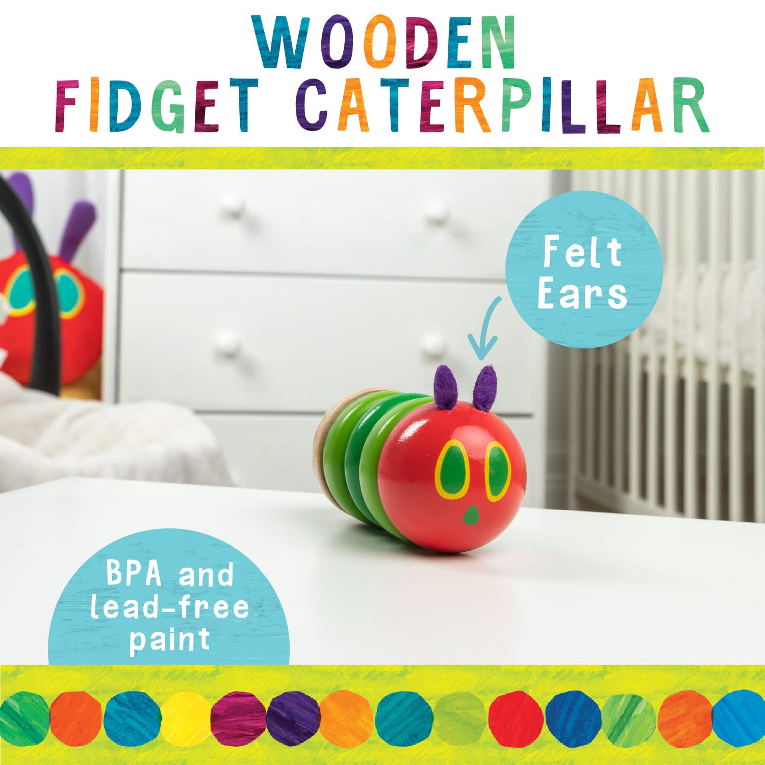KIDS PREFERRED World of Eric Carle The Very Hungry Caterpillar Newborn Wooden Fidget Toy, Baby Sensory Caterpillar Shaker Rattle for Infants, Babies, and Toddlers
