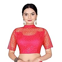 Aashita Creations Net Blouse with Embroidery and Sequence Work(Peach-Free Size) _1145