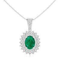 Natural Emerald Oval Shaped Pendant Necklace with Diamond for Women in Sterling Silver / 14K Solid Gold/Platinum