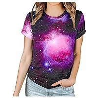 Summer Tops for Women Casual T Shirts Short Sleeve Star Sky Print Tees Round Neck Loose Pullover Top T-Shirts
