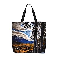 Rocky Mountains Print Stylish Canvas Tote Bag,Casual Tote'S Handbag Big Capacity Shoulder Bag, For Shopping, Work