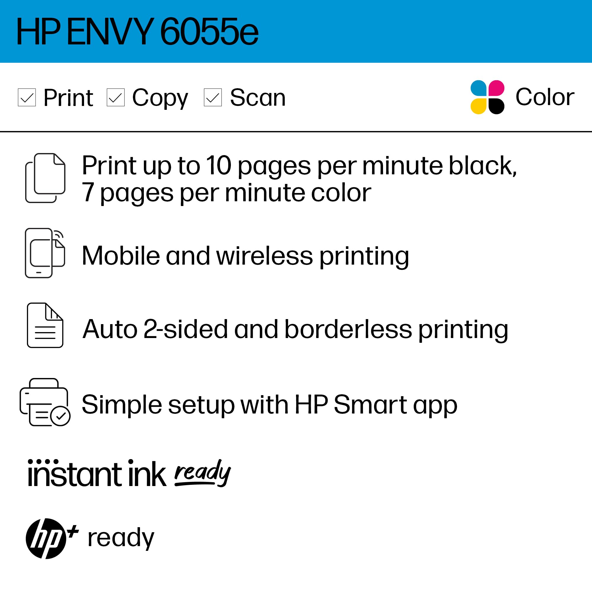 HP ENVY 6055e Wireless Color Inkjet Printer, Print, scan, copy, Easy setup, Mobile printing, Best for home, Instant Ink with HP+,white