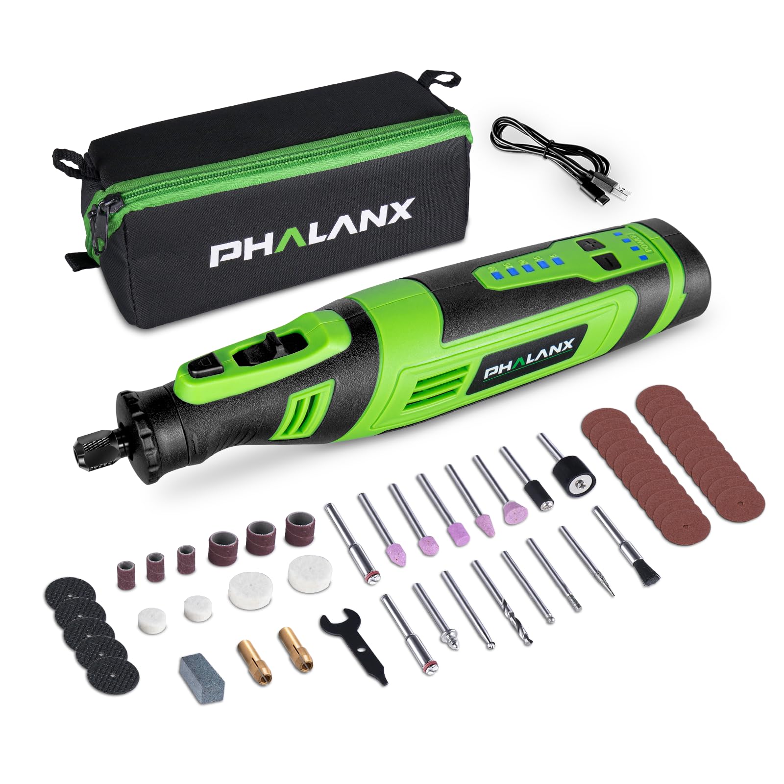 PHALANX 8V Cordless Rotary Tool Kit, 2.0 Ah Battery Rechargeable Rotary Tool with 73pcs Accessories, 5-Speed LED Light, Idea for Sanding, Carving, Polishing, Engraving, Wood Carving, Pet Grooming