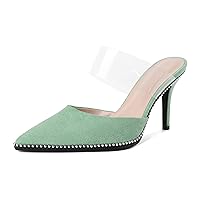 SAMMITOP Women Heeled Mules Pointed Toe Beaded Stiletto High Heels Sandals Clear Strappy Slip On Dress Pump Shoes 3.5 Inch