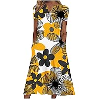 Dresses for Women Summer Casual Tshirt Dress Loose V Neck Floral Printed Sundress Short Sleeve Beach Dress with Pocket