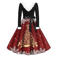 Christmas Dress for Women 1950s Vintage Long Sleeve V Neck Xmas Snowflake Printed Hepburn Dress Prom Dresses with Belt