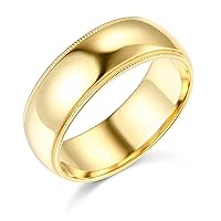 Plain Milgrain Dome Wedding Ring 14k Yellow Gold Band Regular Fit Heavy Polished Finish, 7 mm Size 9.5