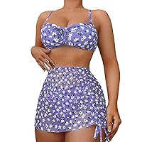 Milumia Women's 3 Piece Halter Swimsuits Solid Lace Up Bikini Set with Drawstring Mesh Cover Up Skirt