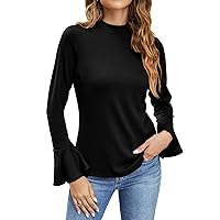 Micoson Womens Mock Neck Long Sleeve Shirts Bell Sleeve Turtle Neck Tops Casual Solid Color Basic T Shirt Blouse