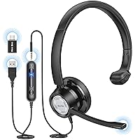 New bee USB Headset with Microphone for PC Computer Headset, Single Ear Headset Noise Cancelling Mic, Call Center Wired Headset with 3.5mm/USB/Type C for Skype Zoom Tablet Laptop (Black)