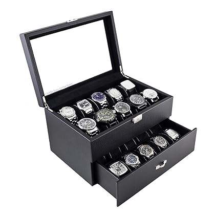 Caddy Bay Collection Carbon Fiber Pattern Glass Top Watch Case Display Storage Box Chest Holds 20 Watches with High Depth for Larger Watches