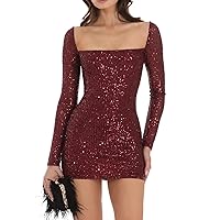 YiZYiF Women Sequin Dress Long Sleeve Sparkly Mini Dress Backless Square Neck Party Dress Slim Fit Bodycon