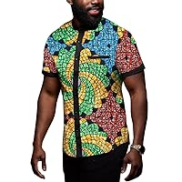 African Men`s Shirts Dashiki Tops Print Shirt Blouse Short Sleeve Button Pocket Slim Fit